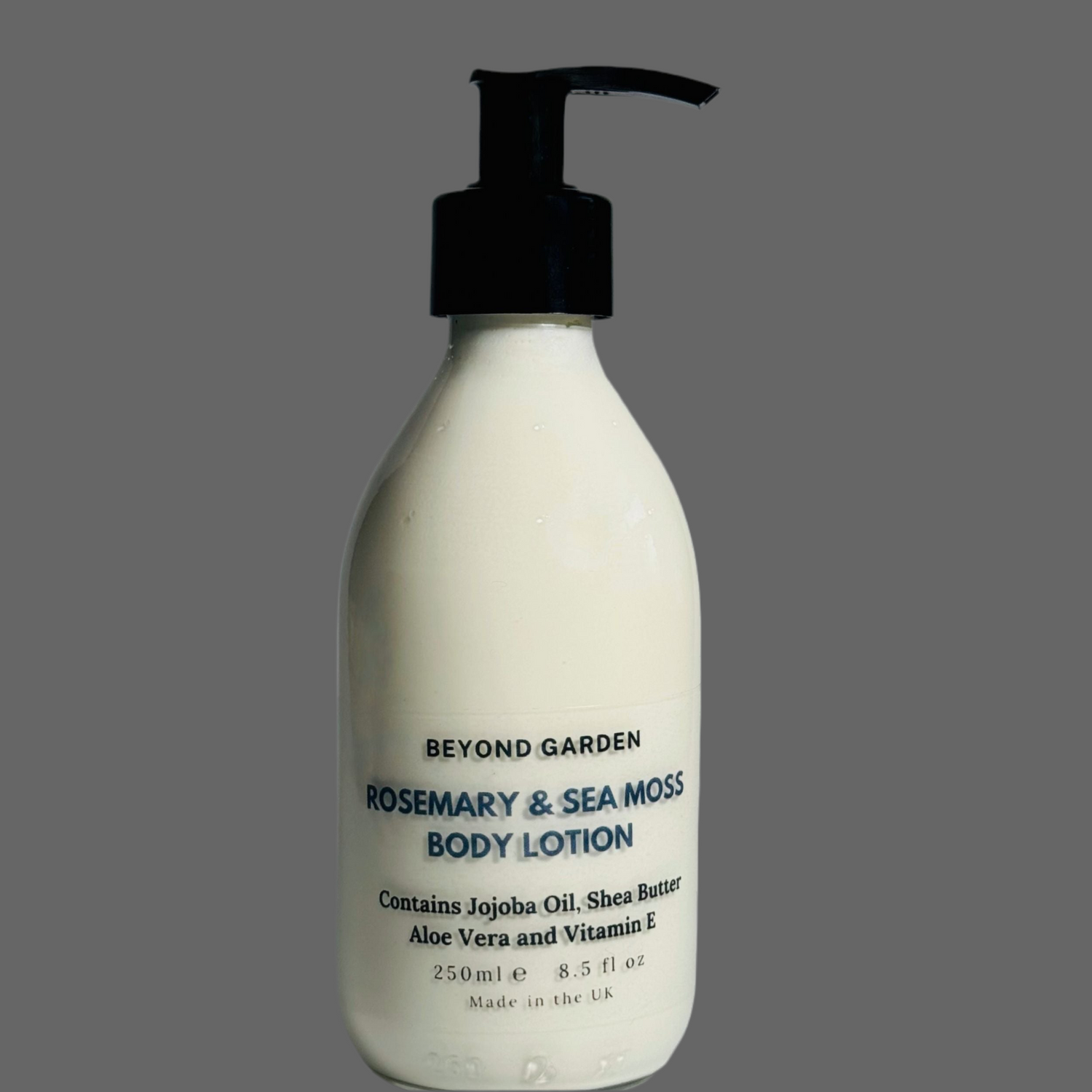 Rosemary sea moss body lotion in a slick glass bottle 