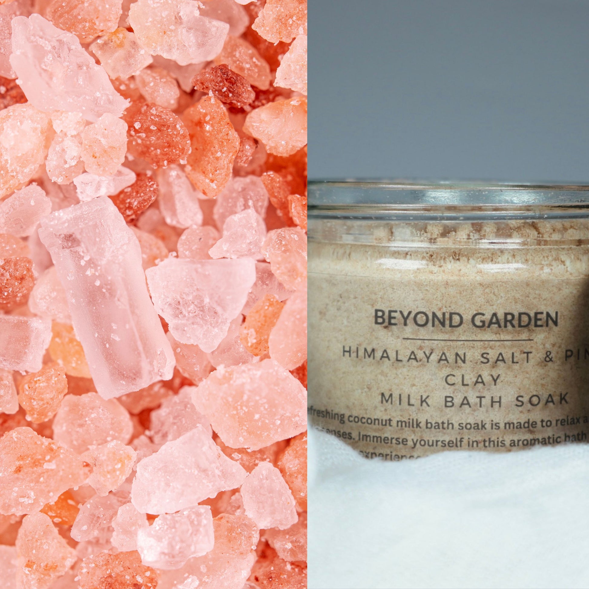 A glass bottle of coconut bath salt, beautifully displayed with pink Himalayan salt crystals 