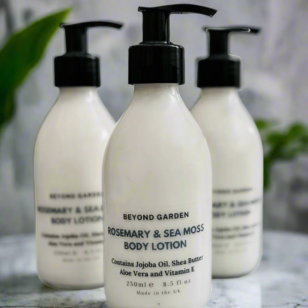 Rosemary handmade lotion in  a slick glass bottle with black pump showing the label on the front