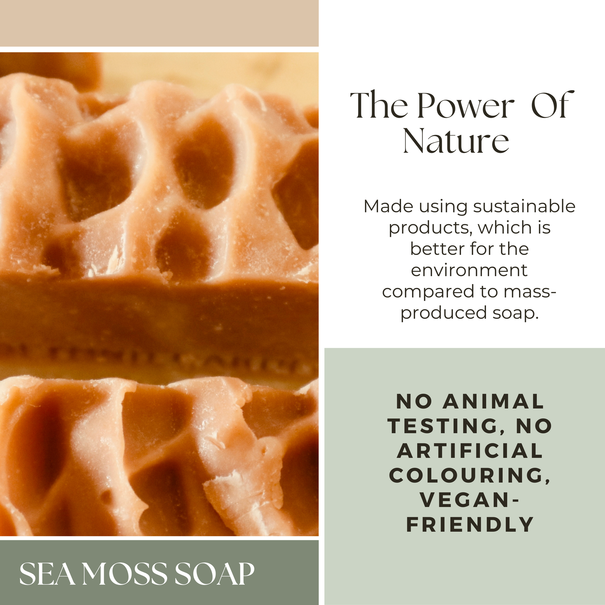 Handmade sea moss bar soap, crafted with natural ingredients, showcasing its smooth texture and earthy tones, perfect for gentle cleansing and hydration.