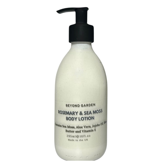 Body lotion bottle labeled 'Beyond Garden Rosemary & Sea Moss' on a white background
