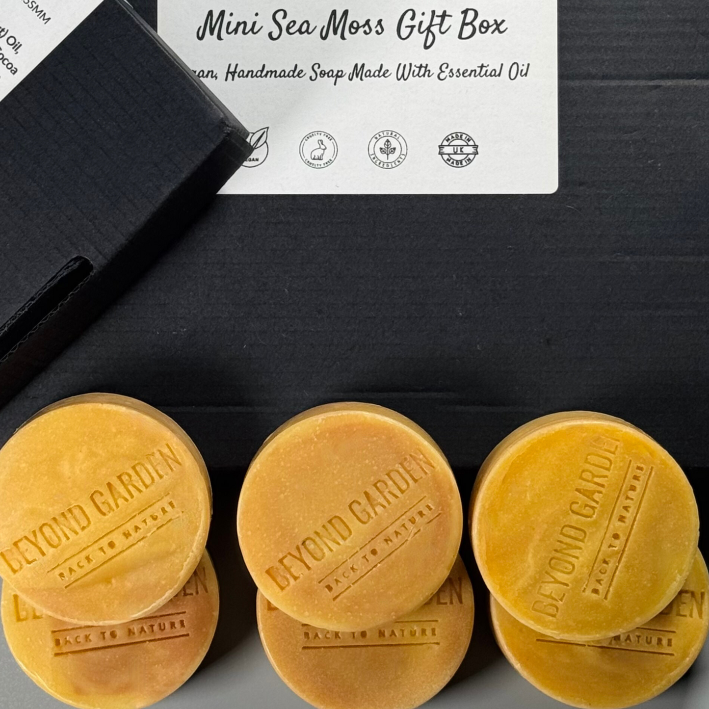 Irish Sea Moss guest soap elegantly presented on a beautiful black gift box with a charming label on display.