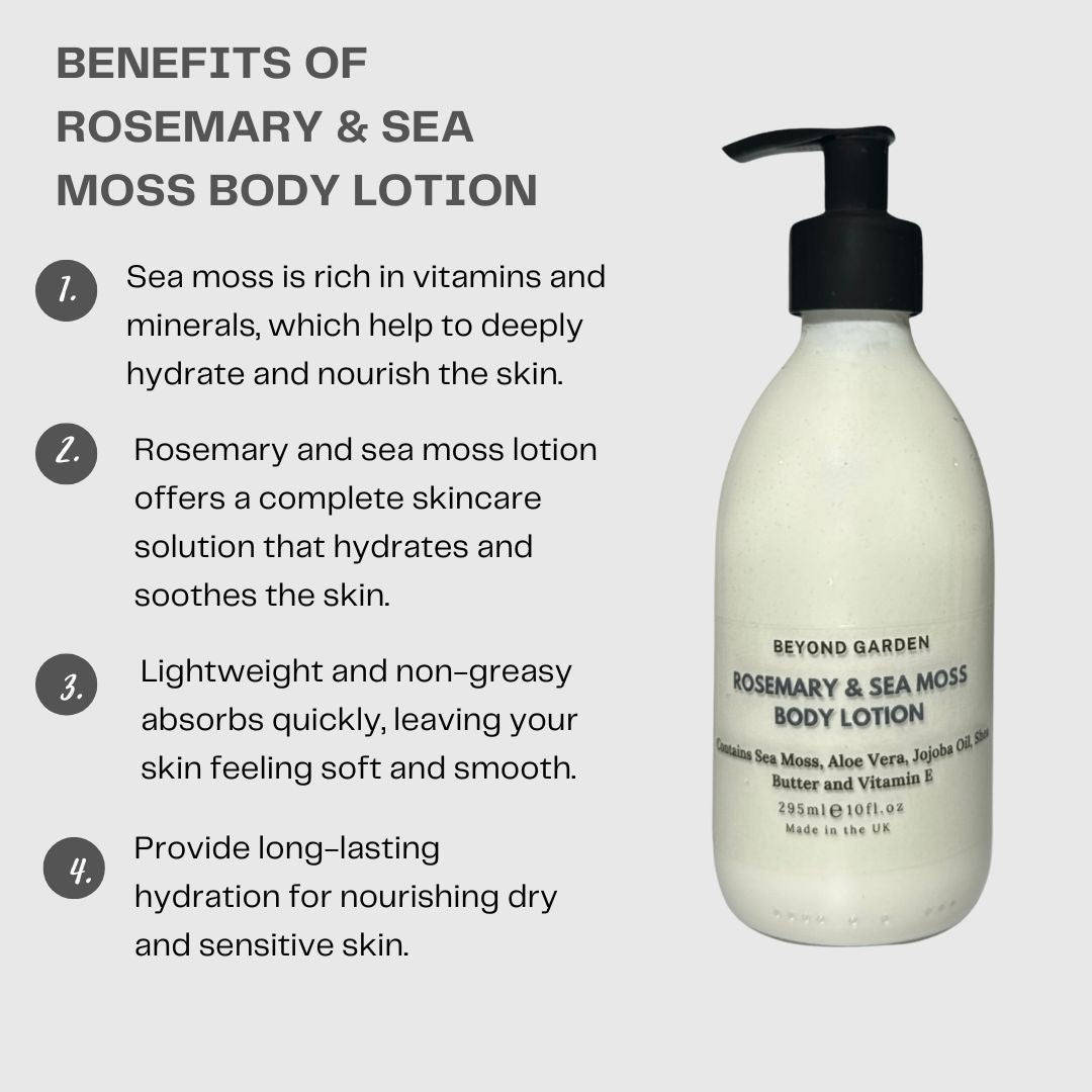 Rosemary & Sea Moss body lotion with benefits listed on a gray background